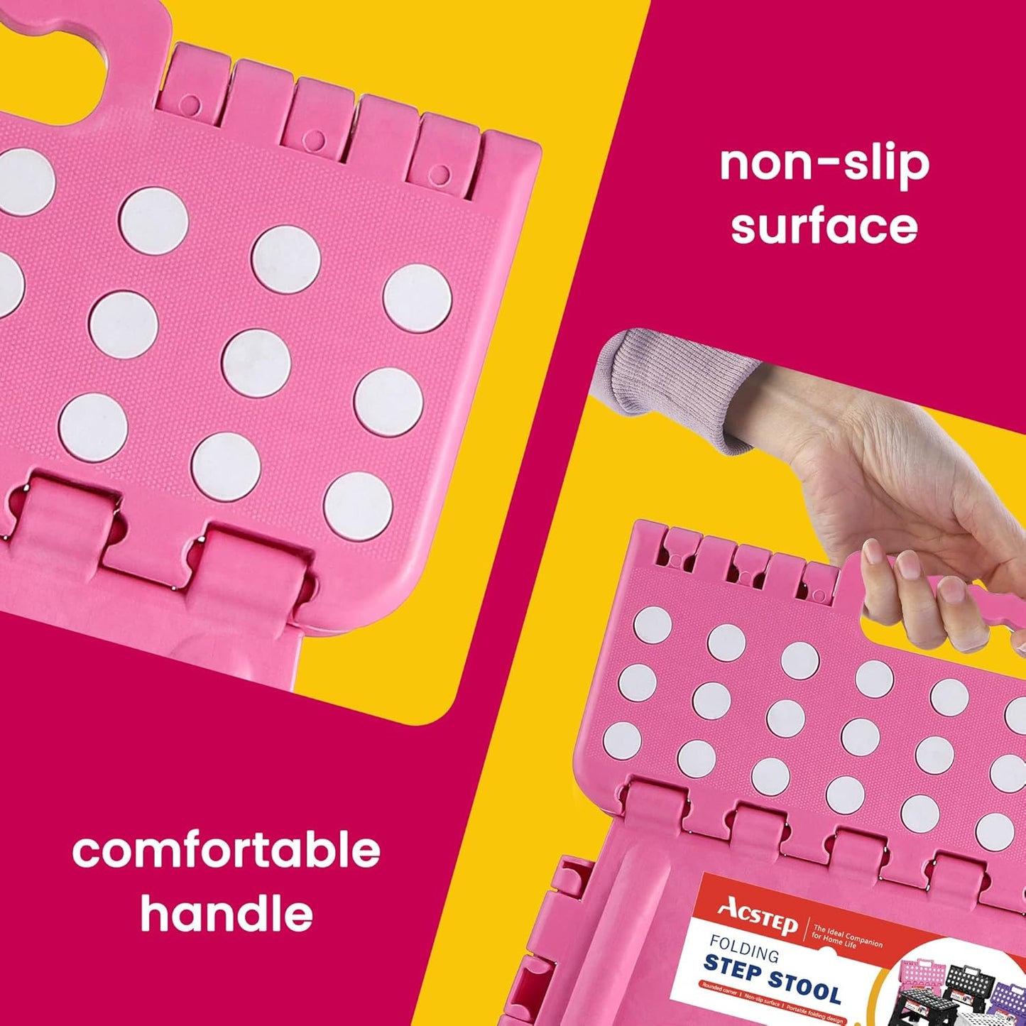 ACSTEP 9 Inch Folding Step Stool - The Lightweight Step Stool is Sturdy and Safe Enough. Opens Easy with One Flip. Great for Kitchen, Bathroom, Bedroom Pink