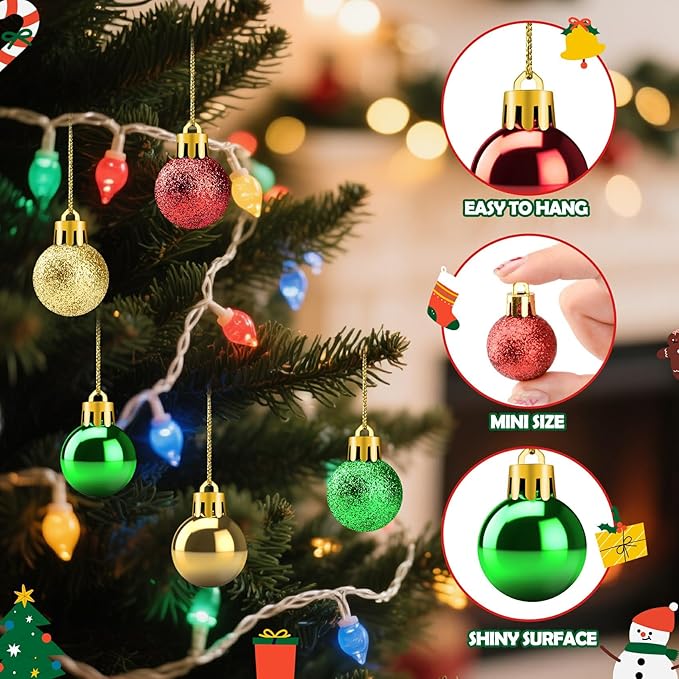 36Pcs Mini Shatterproof Christmas Balls, 3cm/1.18inch Mini Christmas Baubles Red Green Gold Plastic Ball Ornament for Christmas Tree Ornaments Party Decoration (Red and Green and Gold)