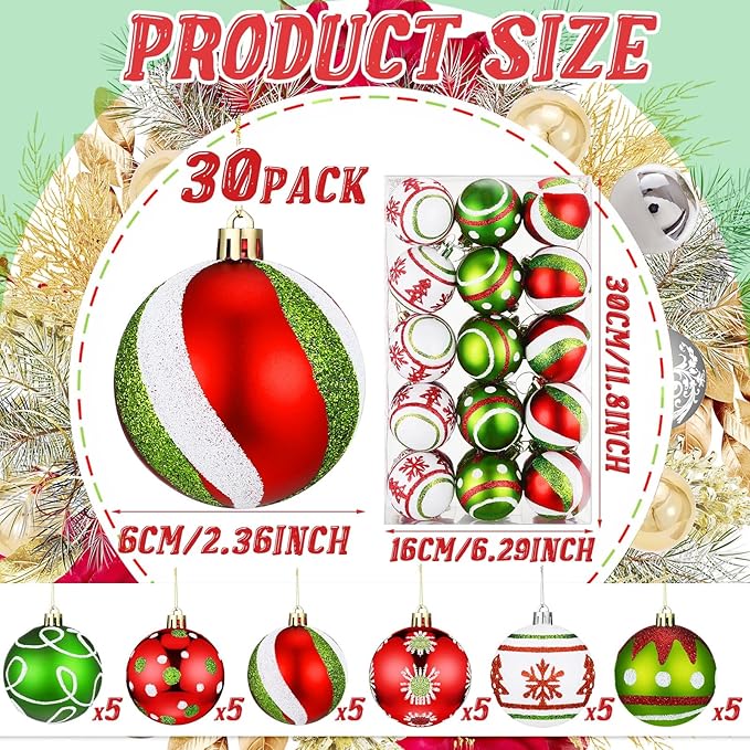 Leyndo 30 Pcs Christmas Ball Ornaments 2.4 Inch Lime Green Red White Whimsical Christmas Tree Decorations Glitter Elf Polka Dot Stripes Swirl Peppermint Candy Cane Xmas Bulbs for Tree(Classic Style)
