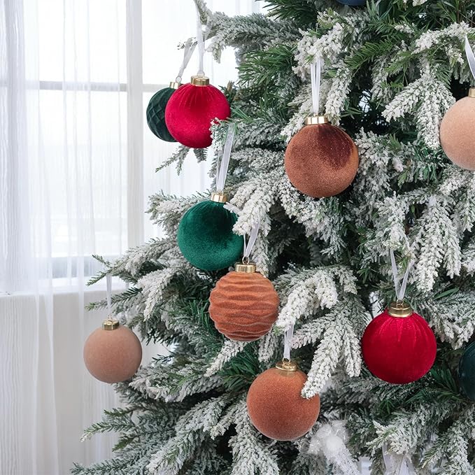 Festiva Christmas Tree Ornaments Velvet Balls - 12 Pcs Neutral/Brown/Green Shatterproof Christmas Tree Ornaments Velvet Balls, for Xmas Wedding Party Holiday Decorations (Gift Box)