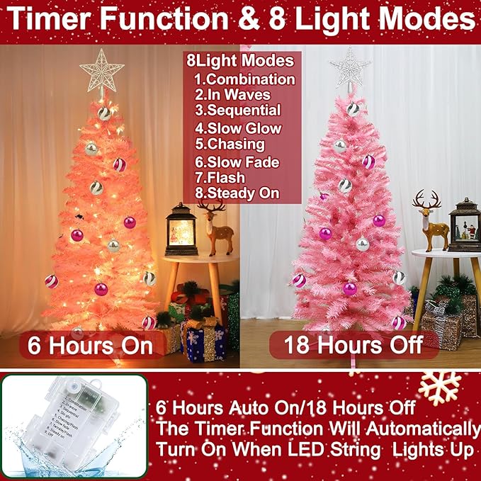 4 Ft Christmas Tree Remote Control 8 Modes Dual Color Change Timer 100 Warm White&Colored Lights 18 Christmas Ball Ornaments 3D Star Battery Operated Small Xmas Tree Table Indoor Holiday Party Decor
