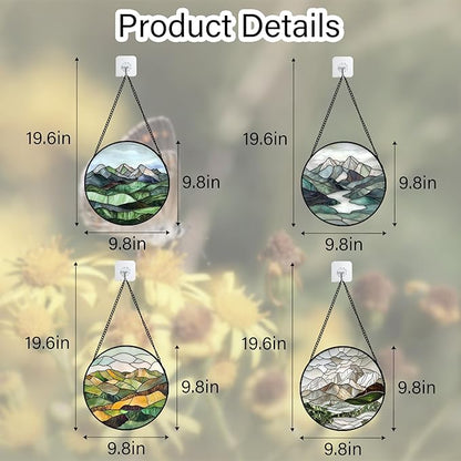 Stained Glass Window Hanging 4 Pcs Set Mountain River Landscape 9.8" - Suncatcher Door Garden Sun Catcher Decor Birthday Mother's Day for Mom Woman Nana Girl Boy Friend