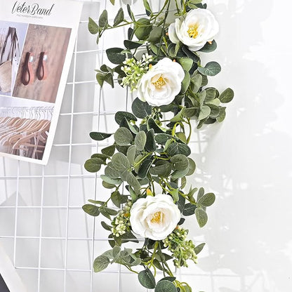 Dolicer 2 Packs 6.56Ft Eucalyptus Garland with Flowers - 8 White Roses, Artificial Flower Fake Rose Vine Faux Greenery for Wedding Backdrop Arch Table Wall Party Home Decor, Grey Green