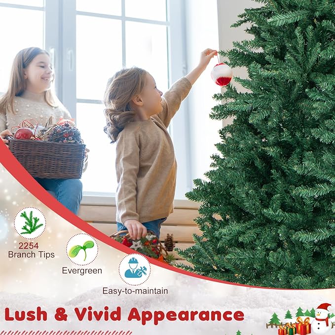 HAPPYGRILL 7.5FT Artificial Xmas Tree, Hinged Fake Xmas Tree with 2254 PVC Branch Tips, Foldable Metal Stand, A Pair of Gloves, Seasonal Decoration Tree for Home Office Party Festival