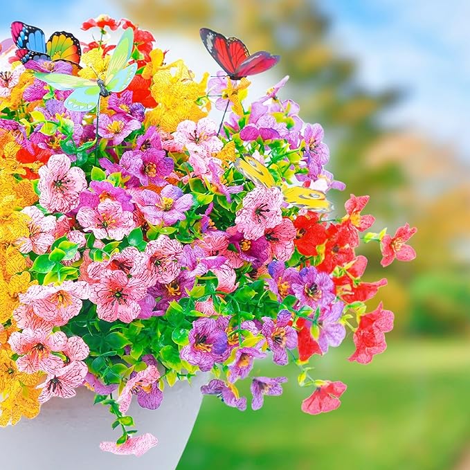 20 Bundles Artificial Flowers for Outdoors‌ with 6 Faux Butterflies, UV Resistant Fake Flowers‌ with Eucalyptus Leaves, Artificial Plants Outdoor‌ for Patio Garden Porch Home Decor (Mix 4 Colors)
