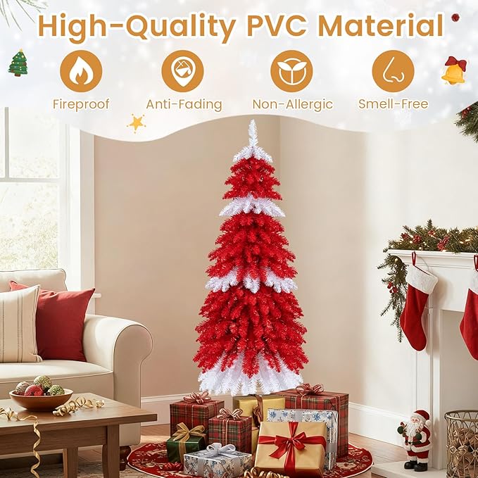 Happygrill 5 FT Artificial Christmas Tree, Candy Cane Xmas Tree with 301 Branch Tips, 100 Warm White LED Lights & Metal Base, Holiday Decoration Tree for Party Carnival