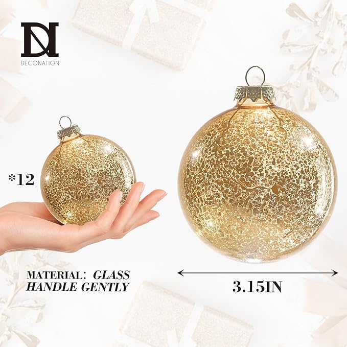 Gold Mercury Glass Ball Christmas Ornaments Set of 12-3.15”Luxurious Xmas Tree Hanging Bulb Decorations for New Year Thanksgiving Birthdays Party, Glass Ornaments for Elegant Xmas Halloween Decor