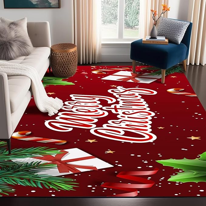 Merry Christmas Rug,Christmas Trees Decorative Gift Indoor Bedroom Xmas Winter Welcome Door Mat Anti-Slip Rubber Area Rug for Seasonal Holiday Decoration,63" X 31"