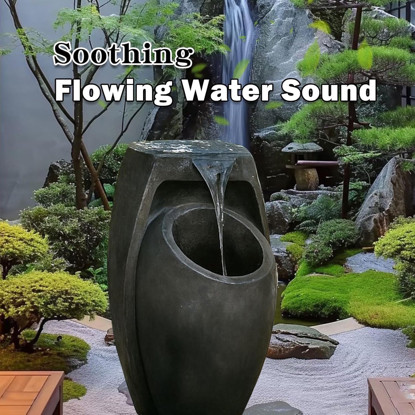 Backyard Water Fountain – 21.5” Tall Floor Standing Fountain, Indoor/Outdoor Modern Two-Tier Waterfall for Garden, Patio, or Yard Décor