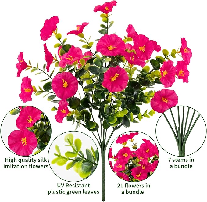 Lnoicy Artificial Flowers for Outdoor 12 Bundles Eucalyptus Fake Flowers for Planter,UV Resistant Fake Morning Glory for Home/Porch/Garden Decoration（Rose Red）