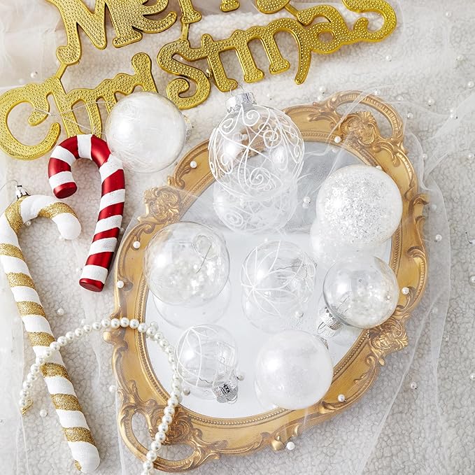 Wironlst Christmas Ball Ornaments Shatterproof Clear Large Plastic Hanging Ball Decorative Baubles Set with Stuffed Delicate Decorations (Multi-Size, White)