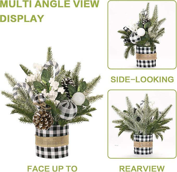 Super Holiday Small Winter Buffalo Check Plaid Christmas Tree, Artificial Mini Tabletop Christmas Tree Decorations with Xmas Ornaments, for Home Party Thankgivings Decor, Black/White-Indoor