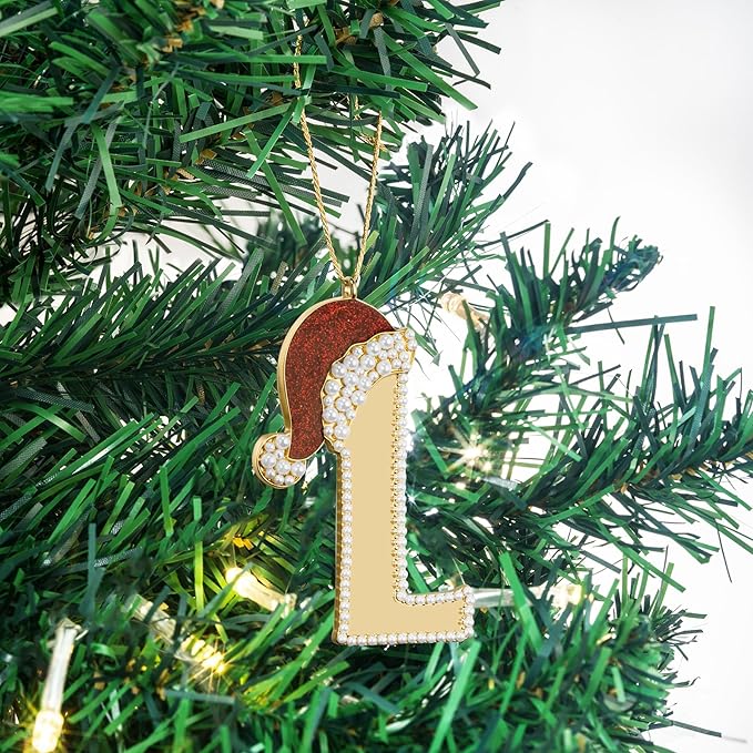 2025 Christmas Initial Ornaments, Letter L Ornaments for Christmas Tree,Hanging Red Hat Ornament for Mother Best Friends Sister Wife|L-Letter Ornament