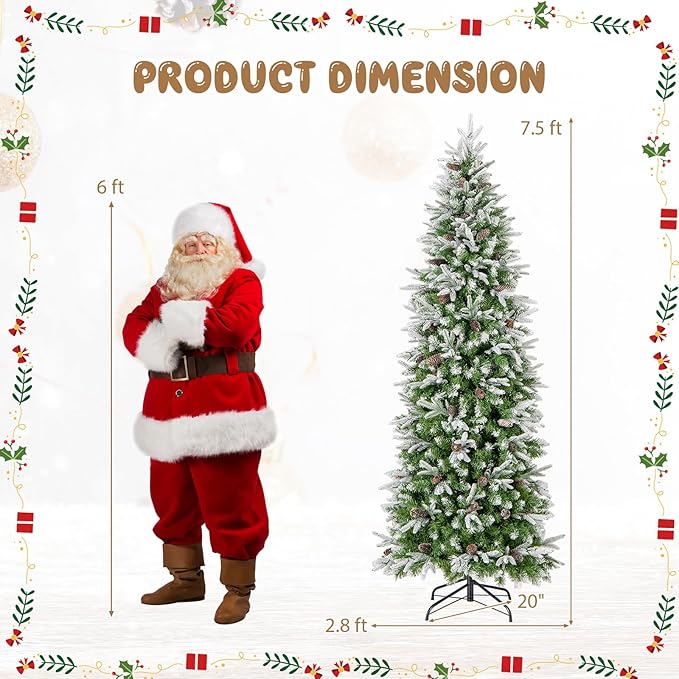 GOFLAME 7.5 FT Pre-Lit Pencil Christmas Tree Snow Flocked, Slim Artificial Xmas Tree with 913 Branch Tips, 350 LED Lights, 75 Natural Pine Cones, Hinged Holiday Decoration Tree for Home Office