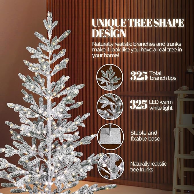 VINGLI 6ft Lighted Artificial Pine Tree, Flocked Christmas Tree with 550 Warm White Lights, 80 Branches for Indoor Outdoor Christmas Festival Party Decoration (Green)