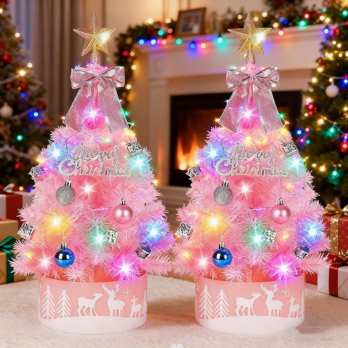 2FT Pre-lit Small Christmas Tree with Lights, Pink Small Christmas Tree with Balls & Star Topper, 3 Lighting Modes Tabletop Xmas Trees for Home, Office, Indoor Decor (Battery Not Included)