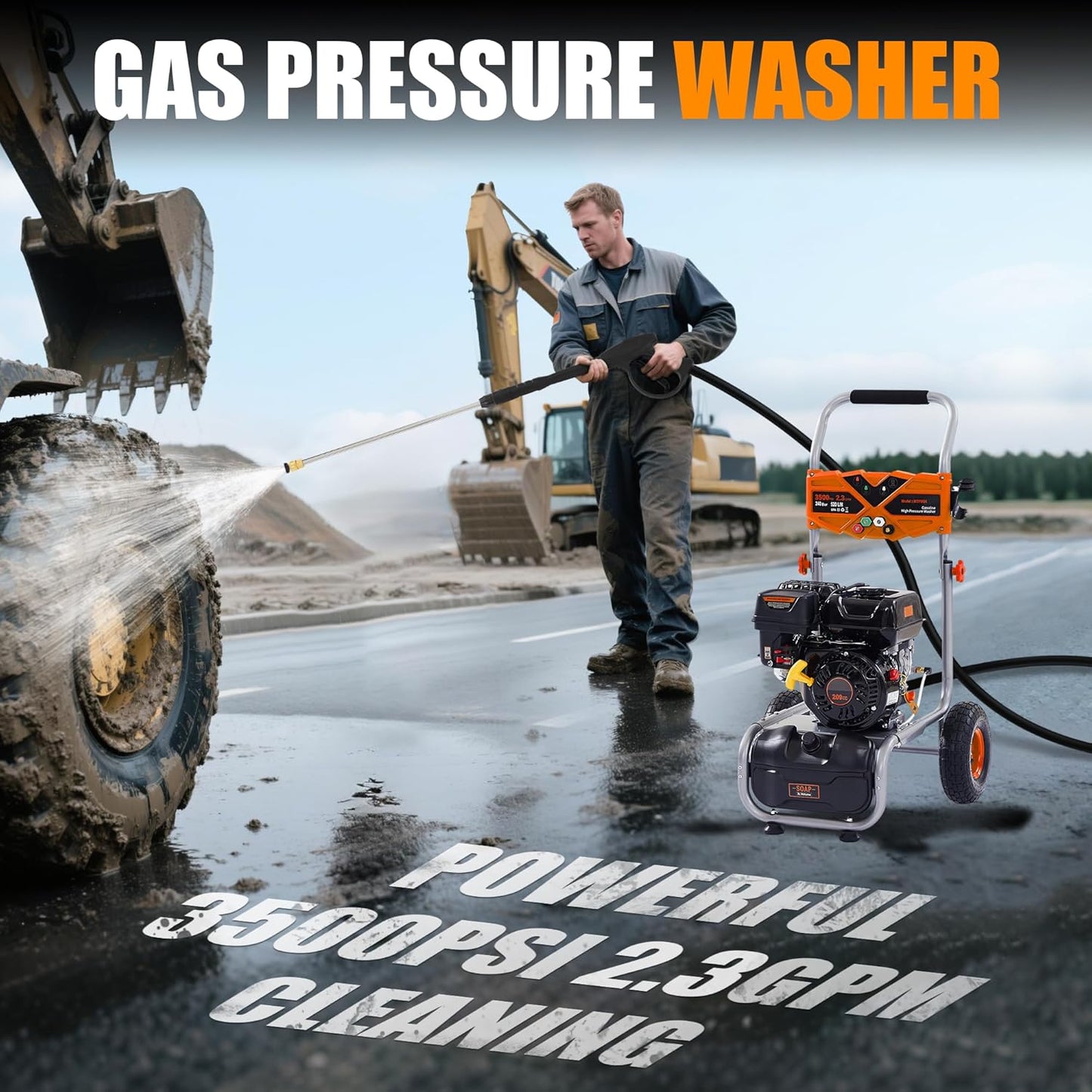 Gas Pressure Washer 3500 PSI, 2.3 GPM Heavy Duty High Power Washer,209CC 7HP Engine with 25Ft Pressure Hose, Axial Aluminum Pump, Soap Tank, Spray Gun and Wand, 4 Quick Connect Nozzle (Orange)