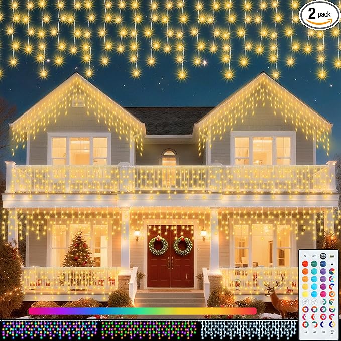 Pooqla Color Changing Icicle Lights with Remote, 35 Colors Christmas Icicle Lights, 360 LED 58.2FT RGB Waterproof Hanging String Lights for Roof Window Home Party Thanksgiving Christmas Outdoor Decor
