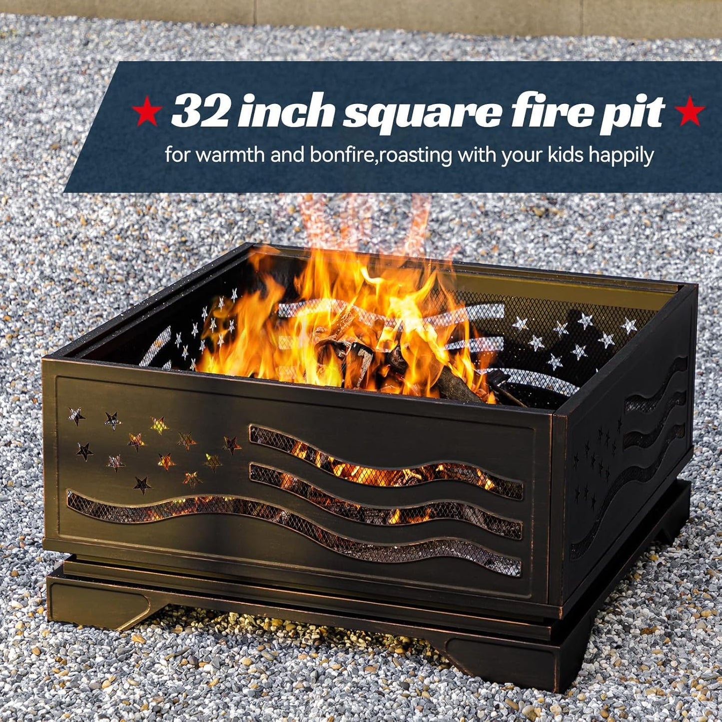 32Inch Square-Shaped Fire Pit,Outdoor Fire Pits with Spark Screen&Poker,Metal Square Wood Burning Firepits for Outside,Backyard,Bonfire,Patio,Party,Garden,Picnic and Camping(Antique Bronze)