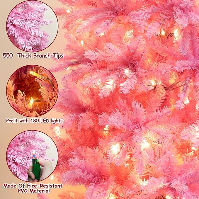 5 Ft Prelit Pink Artificial Pencil Christmas Tree Decoration 180 Warm White Lights 550 Branch Tips Metal Stand Slim Tree Xmas Decor Indoor Outdoor Home Holiday