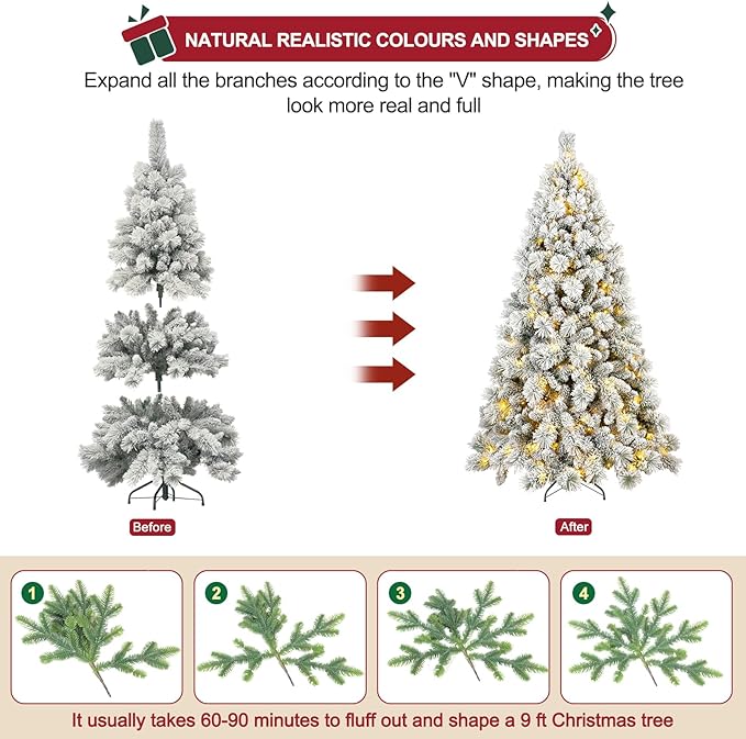 Flocked Christmas Tree 7ft, Premium Prelit Christmas Tree - Trees with Lights-White Snow Flocked Pre-lit Trees