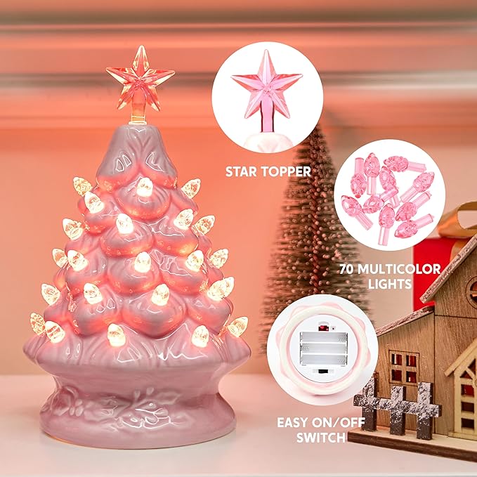 Joiedomi 7" Pink Ceramic Christmas Tree, Mini Prelit Tabletop Christmas Ceramic Tree with Extra Clear Top Star & Bulbs for Holiday Decoration Small Xmas Holiday Best Desk Tabletop Decoration (Pink)