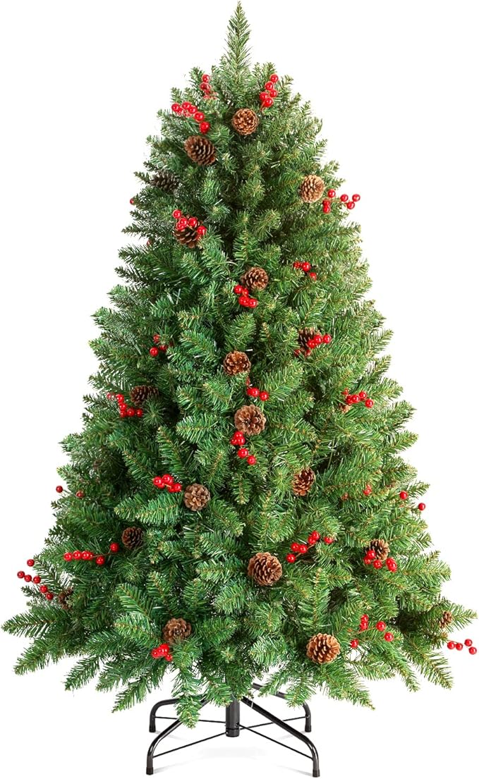 4.5FT Prelit Christmas Tree, Small Christmas Tree Pre-Decorated with Pinecones and Berries (300 Clear Warm Lights and Realistic 516 Thicken Tips, Sturdy Metal Base)