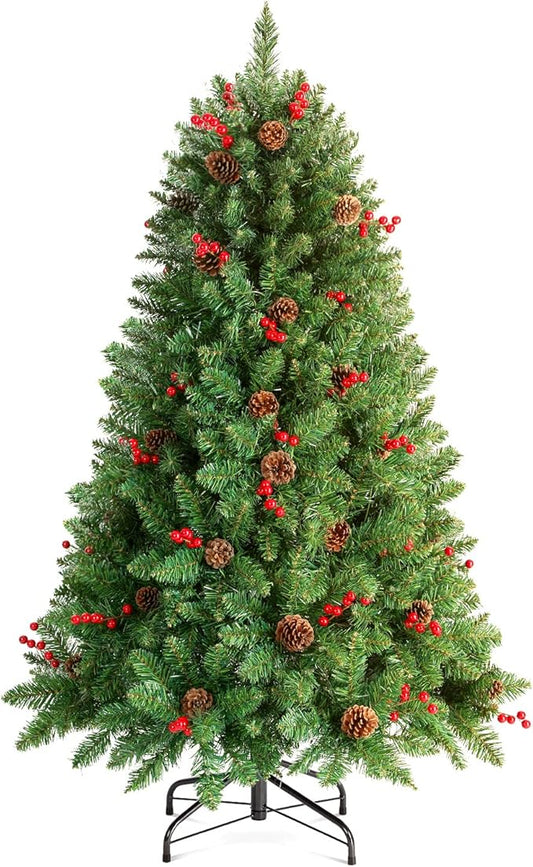 4.5FT Prelit Christmas Tree, Small Christmas Tree Pre-Decorated with Pinecones and Berries (300 Clear Warm Lights and Realistic 516 Thicken Tips, Sturdy Metal Base)