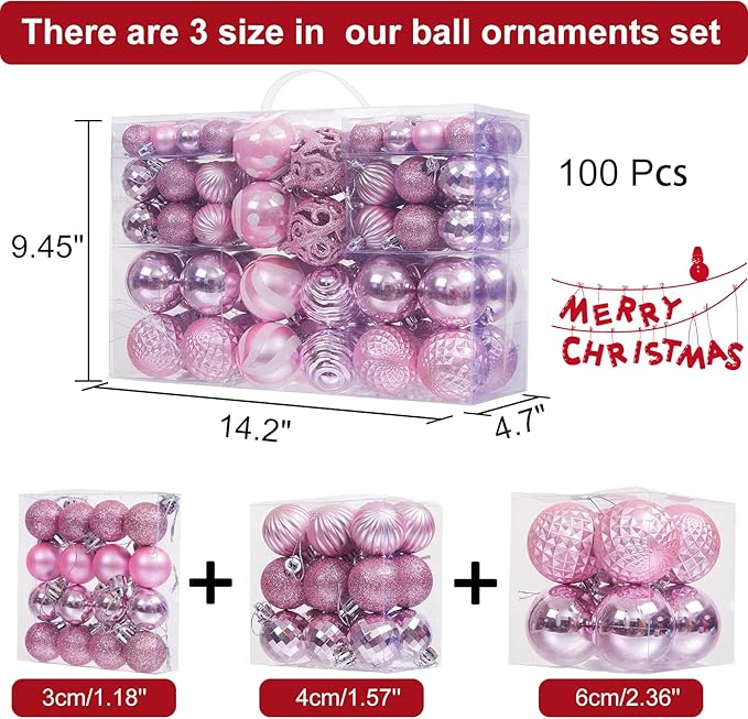 100PCS Christmas Ball Ornaments, Assorted Shatterproof Christmas Tree Decorations, Seasonal Decorative Hanging Baubles Decor Set for Xmas/Holiday/Party, Glitter&Painting Ornament Set (Pink)