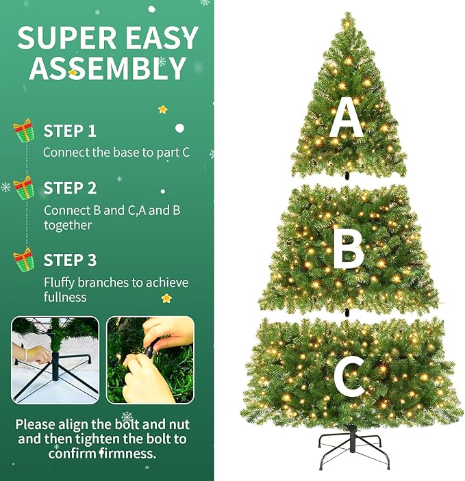 Prelit Christmas Tree 6ft, Artificial Christmas Tree with 250 Warm White Lights, 820 PVC Branch Tips, Metal Stand & Foldable Base - Ideal for Home, Office, Party, or Holiday Decor