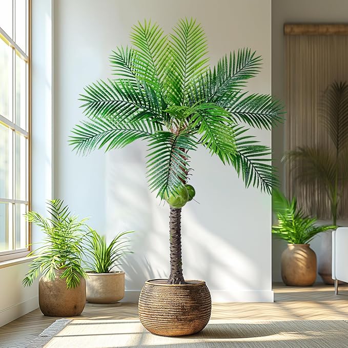 6FT Artificial Phoenix Palm Tree with Coconut Fruit Artificial Plants Indoor Outdoor Large Faux Coconut Silk Palm Tree Tropical Fake Palm Plant for Modern Farmhouse Yard Outside Patio Poolside