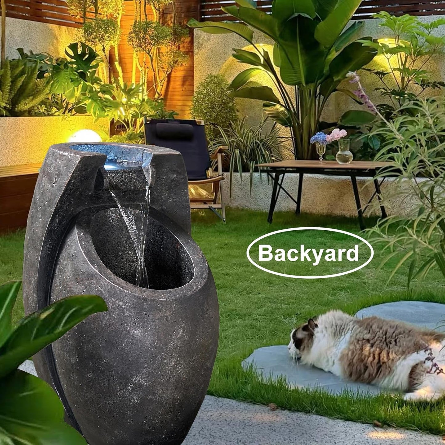 Backyard Water Fountain – 21.5” Tall Floor Standing Fountain, Indoor/Outdoor Modern Two-Tier Waterfall for Garden, Patio, or Yard Décor