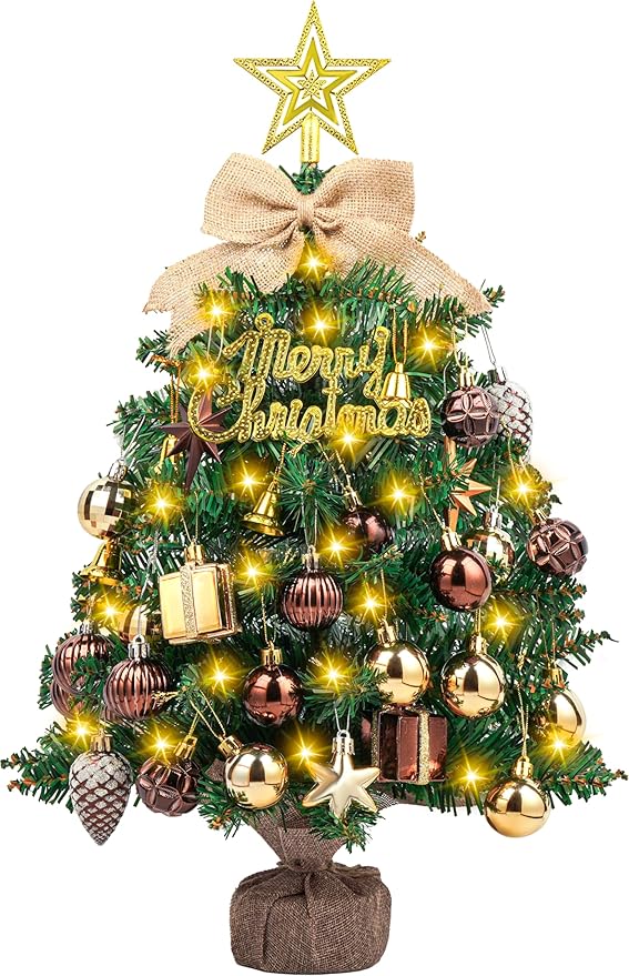 SVNVIOZ 2FT Small Tabletop Christmas Tree with Lights, Mini Artificial Christmas Tree with Bronze Gold Ornaments, Xmas Tabletop Christmas Tree for Holiday Home Decoration