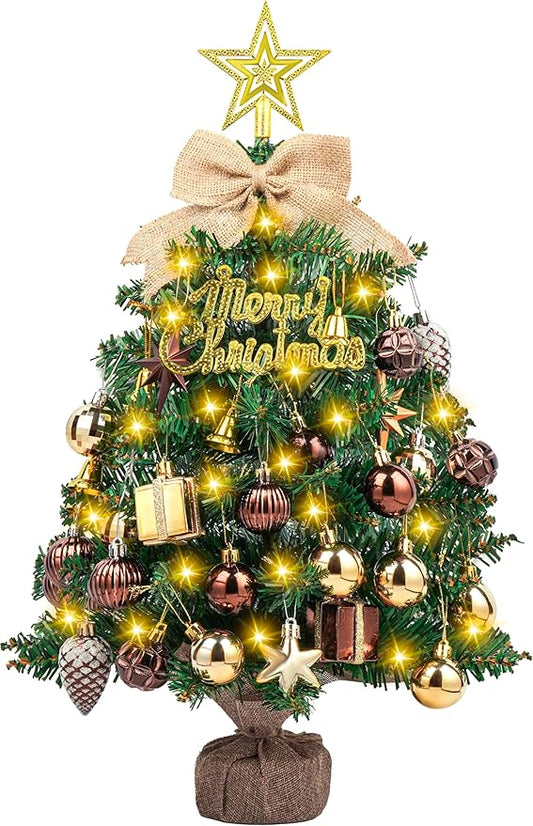 SVNVIOZ 2FT Small Tabletop Christmas Tree with Lights, Mini Artificial Christmas Tree with Bronze Gold Ornaments, Xmas Tabletop Christmas Tree for Holiday Home Decoration