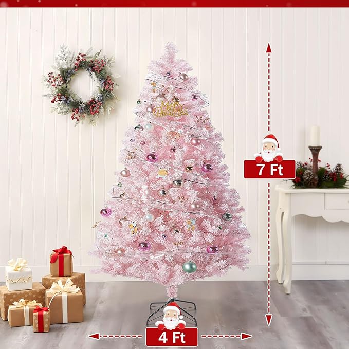 7FT Pink Artificial Christmas Tree with 1200 Realistic Branch, Flocked Full Xmas Tree with Foldable Stand, Easy Assembly Hinged Pine Tree for Home, Shop, Office, Party Holiday Decoration