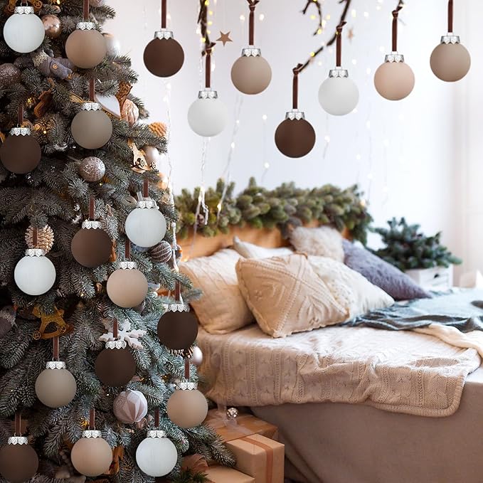 12 Pcs Neutral Matte Christmas Ball Ornaments 2.4 Inch Rustic Boho Cream Beige Tan Brown Xmas Bulbs Ornament Vintage Xmas Baubles Modern Christmas Decor for Tree Farmhouse Decor