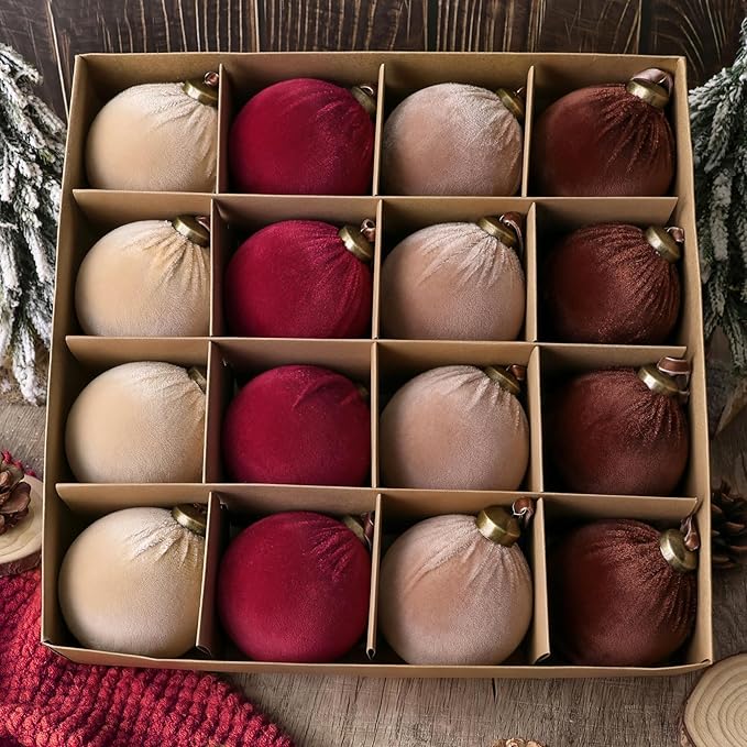 Christmas Decorations Indoor Tree Ornaments: 16pcs Large Red Brown Velvet Christmas Decorations, 3.15" Red Brown Beige Xmas Ball Ornament Decor for Tree Fireplace Garland, Kids Home School Office