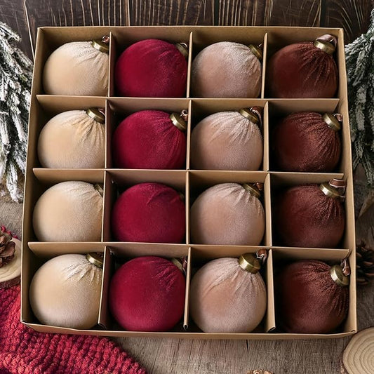 Christmas Decorations Indoor Tree Ornaments: 16pcs Large Red Brown Velvet Christmas Decorations, 3.15" Red Brown Beige Xmas Ball Ornament Decor for Tree Fireplace Garland, Kids Home School Office