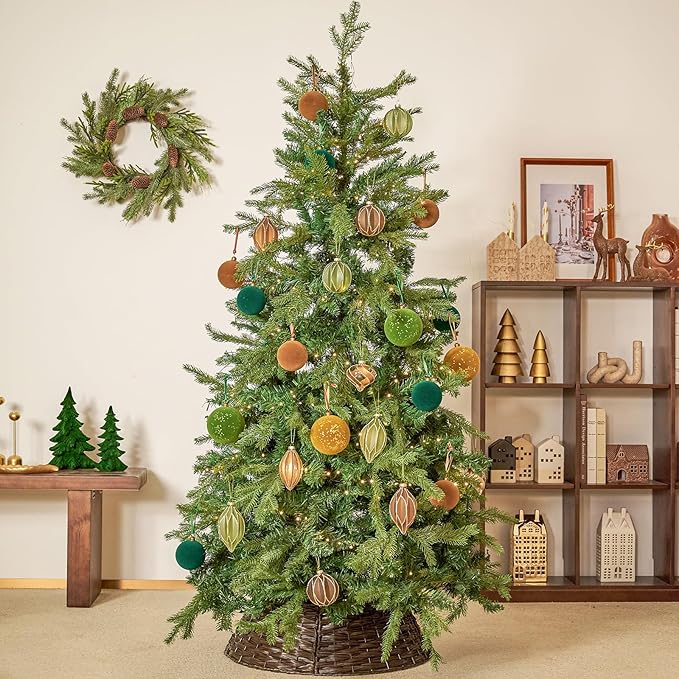 WDS WONDROUS Christmas Ball Ornaments, Vintage Ball & Teardrop Xmas Tree Ornament Set, Hanging Assorted Glass Balls for Holiday Home Party Decor (9Pcs, Sage Green & Gold Line)