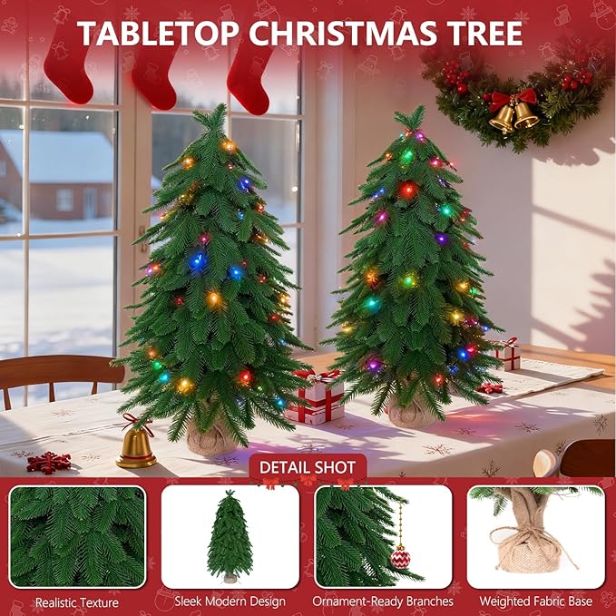 3ft Small Mini Christmas Tree for Tabletop, 1PC Artificial Desktop Christmas Tree with Norfolk Pine Top Design, Small Xmas Tree with Burlap Base for Table Desk Home Christmas Decor