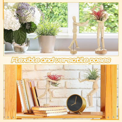 ANPHSIN 2 Sizes Wooden Air Plant Holder - Unique Jointed Mannequin Airplant Stand with Adjustable Poses, Tillandsia Display Container for Gifts Home Office Decoration, 2 pcs