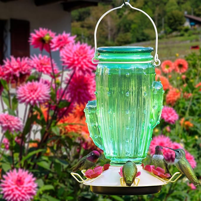 Perky-Pet Cactus Top Fill Glass Hummingbird Feeder with Built-in Bee Guards & Removable Perches - 32 oz Nectar Capacity - Hummingbird Feeder for Outdoors - 9111-1SR