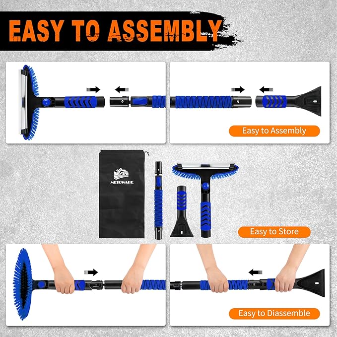 METOWARE 44'' Snow Brush and Ice Scrapers for Car Windshield, Extendable Snow Brush for Car with Ergonomic Foam Grip and 360° Pivoting Brush Head for Car SUV Truck Blue