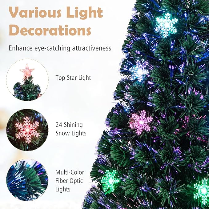 Goplus 5ft Pre-Lit Fiber Optic Christmas Tree, Artificial Xmas Full Tree with Colorful Snowflake LED Lights, 170 Branch Tips, Foldable Metal Base, for Office Home Holiday Decor