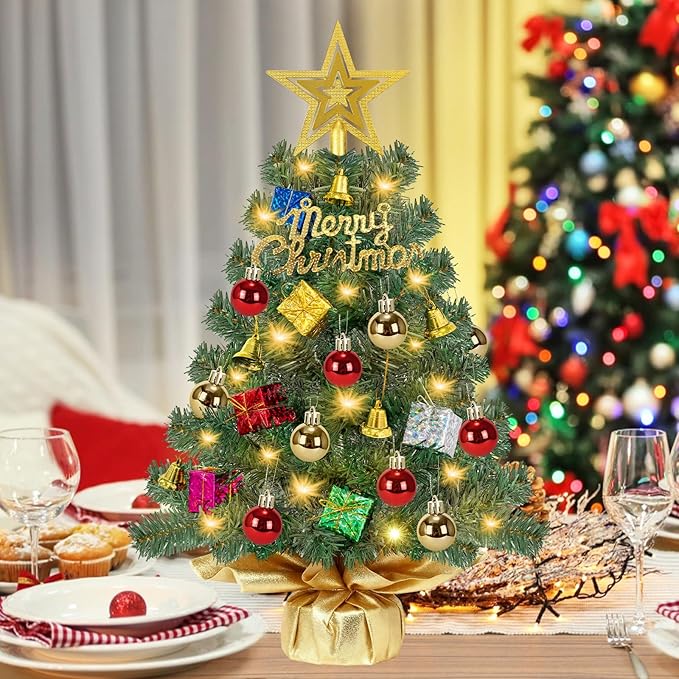 24 Inch Realistic Tabletop Christmas Tree Small Christmas Tree with 50 Warm Lights Star Treetop and Ornaments Battery Operated Indoor Home Table Christmas Decorations