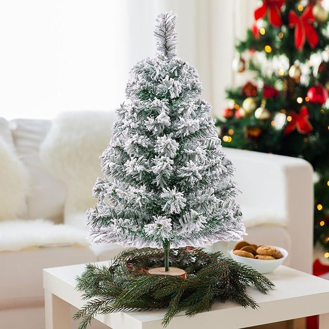 2Ft Artificial Christmas Tree Green Tabletop Christmas Tree with Snow Flocked Mini Xmas Pine Tree with Wooden Stand for Indoor Outdoor Holiday Home Decoration
