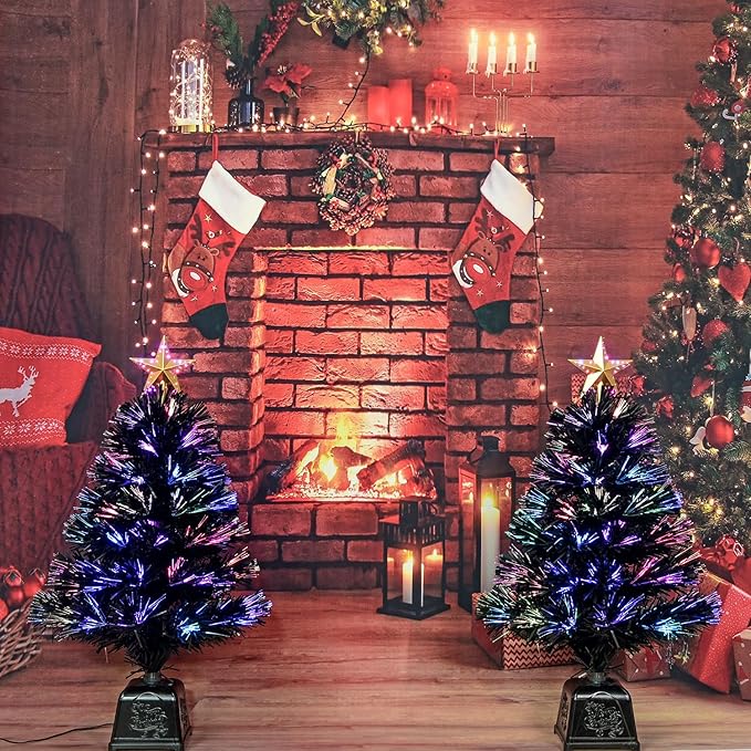 24inch Black Fiber Optic Christmas Tree,Pre-Lit Artificial Mini Christmas Tree, Tabletop Small Xmas Tree with Stars Holiday Home Decorations