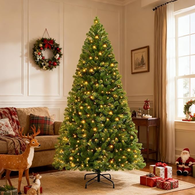 Prelit Christmas Tree 7.5ft, Artificial Christmas Tree with 420 Warm White Lights, 1321 PVC Branch Tips, Metal Stand & Foldable Base - Ideal for Home, Office, Party, or Holiday Decor