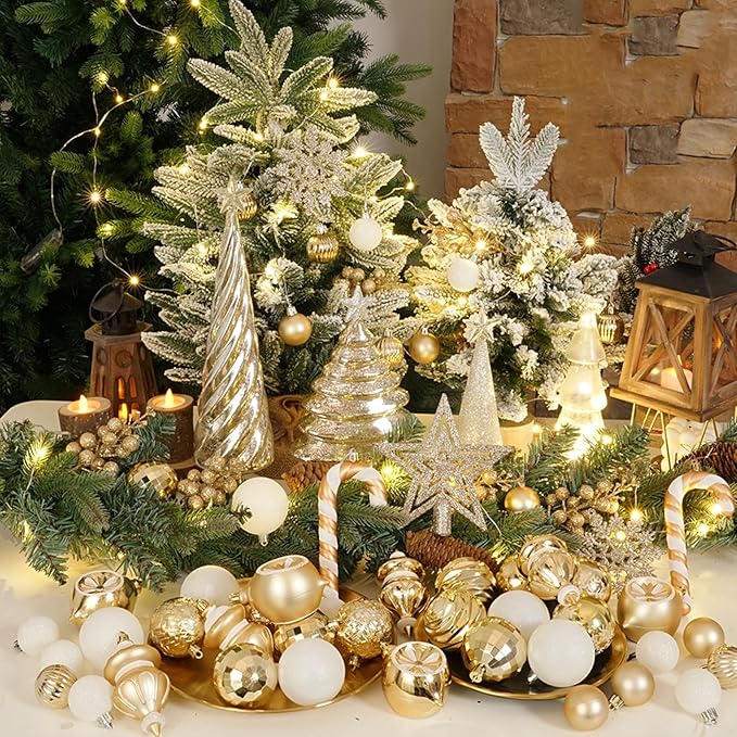 XmasExp 99-Pack Christmas Ball Ornaments Assorted Shatterproof Christmas Tree Decorations with Hand-held Gift Package for Xmas Tree,Home,Party(Champagne Gold)