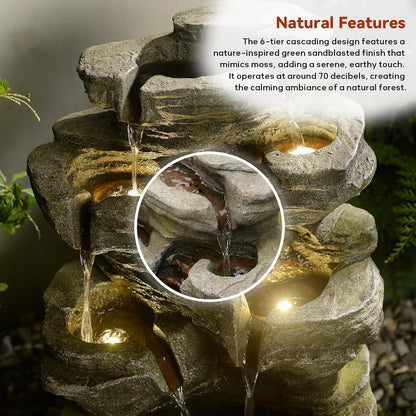 24.2" H Rock Cascading Water Fountain Outdoor&Indoor, 6-Tier Garden Naturefalls Fountains, Floor-Standing Waterfall with Lights for Patio, Backyard, Deck, Porch, Home DéCor, Stone Gray